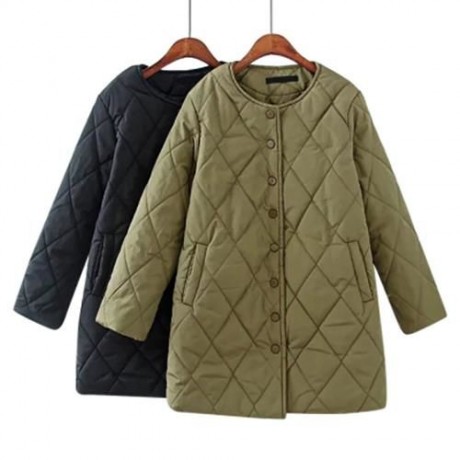TRENDY ROUND COLLAR LONG SLEEVE POCKET WOMEN COAT (BLACK)