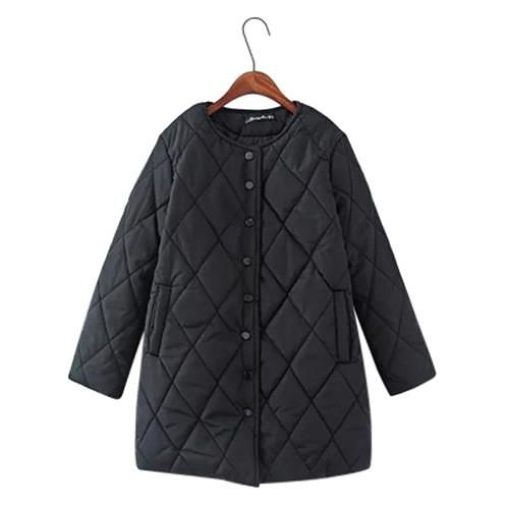 TRENDY ROUND COLLAR LONG SLEEVE POCKET WOMEN COAT (BLACK)