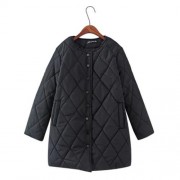 TRENDY ROUND COLLAR LONG SLEEVE POCKET WOMEN COAT (BLACK)