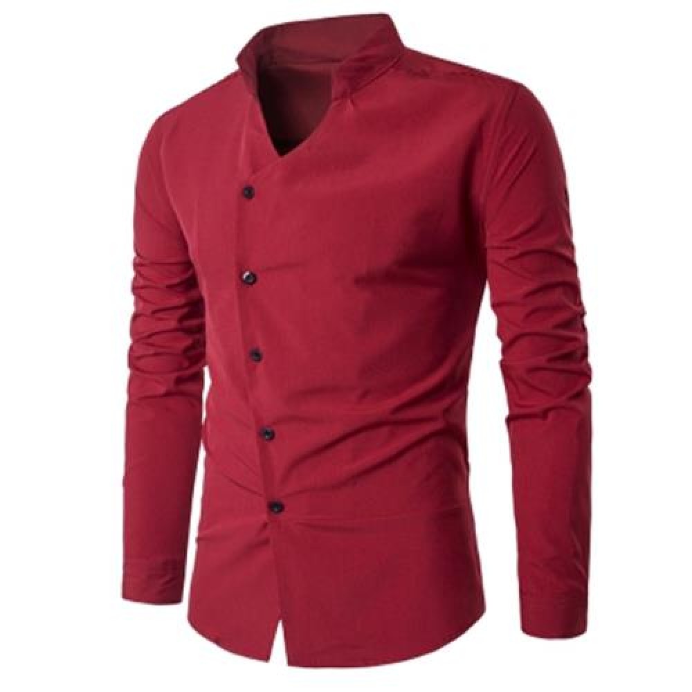 STAND COLLAR OBLIQUE PLACKET LONG SLEEVE SHIRT (RED)
