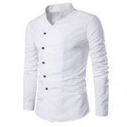 STAND COLLAR OBLIQUE PLACKET LONG SLEEVE SHIRT (WHITE)