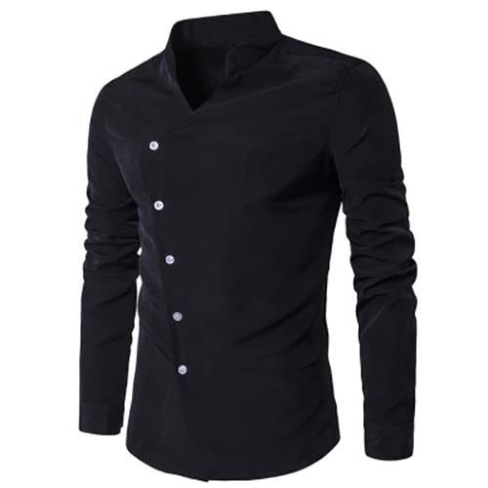 STAND COLLAR OBLIQUE PLACKET LONG SLEEVE SHIRT (BLACK)
