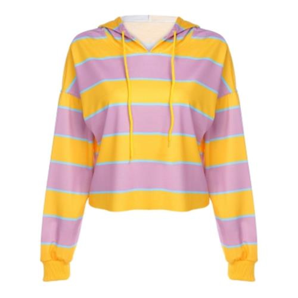 TRENDY HOODED LONG SLEEVE STRIPED WOMEN SHORT HOODIE (YELLOW)
