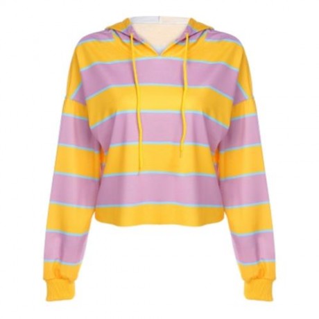 TRENDY HOODED LONG SLEEVE STRIPED WOMEN SHORT HOODIE (YELLOW)