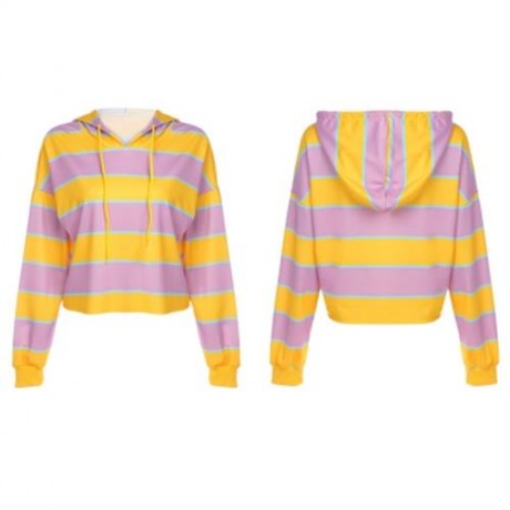 TRENDY HOODED LONG SLEEVE STRIPED WOMEN SHORT HOODIE (YELLOW)