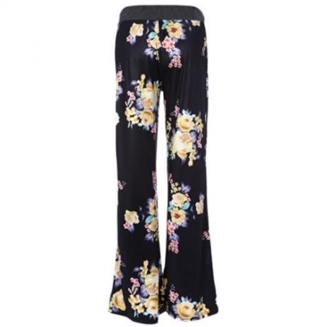 STYLISH MID WAIST FLORAL PRINT WIDE-LEG POCKET WOMEN PANTS (BLACK)
