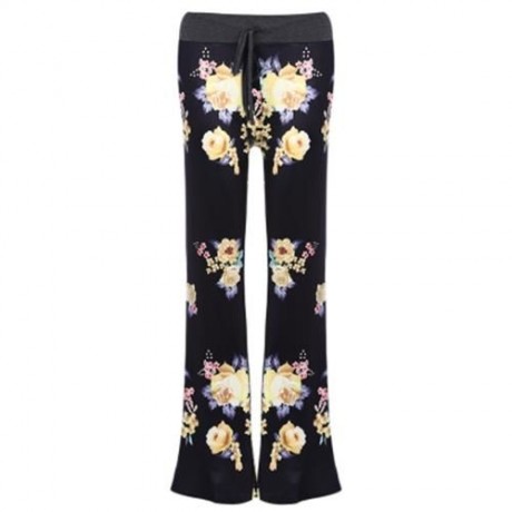 STYLISH MID WAIST FLORAL PRINT WIDE-LEG POCKET WOMEN PANTS (BLACK)