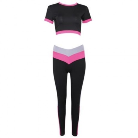 FEMALE FIT MIDRIFF ROUND NECK SHORTS ELASTIC PANTS SPORTS SUIT (RED)
