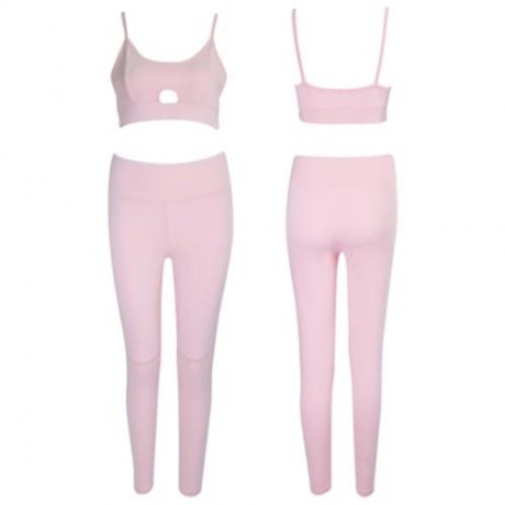 FEMALE YOGA SUIT SHORT HOLLOW OUT CAMISOLE LONG LEGGINGS (PINK)