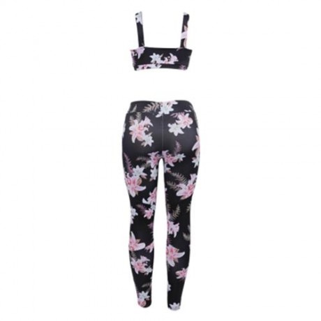 FEMALE SEXY CAMISOLE PRINT PATCHWORK LEGGINGS YOGA SUIT (BLACK)