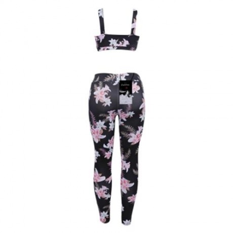 FEMALE SEXY CAMISOLE PRINT PATCHWORK LEGGINGS YOGA SUIT (BLACK)