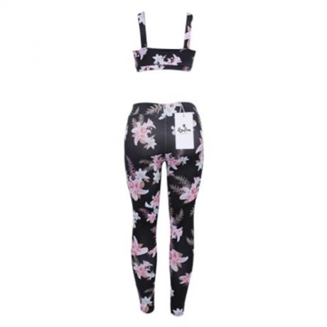 FEMALE SEXY CAMISOLE PRINT PATCHWORK LEGGINGS YOGA SUIT (BLACK)
