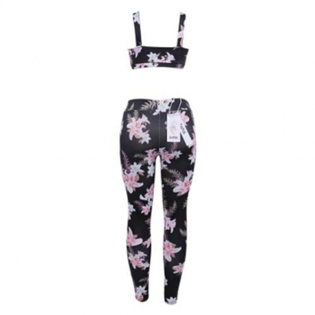 FEMALE SEXY CAMISOLE PRINT PATCHWORK LEGGINGS YOGA SUIT (BLACK)