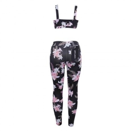 FEMALE SEXY CAMISOLE PRINT PATCHWORK LEGGINGS YOGA SUIT (BLACK)
