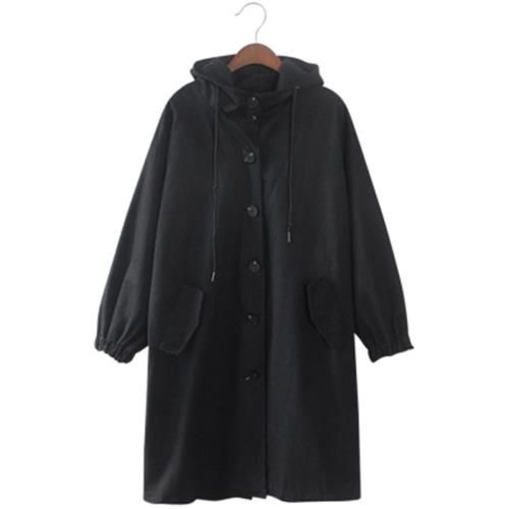 CASUAL HOODED LONG SLEEVE POCKET WOMEN TRENCH COAT (BLACK)