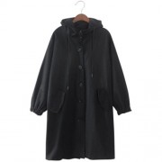 CASUAL HOODED LONG SLEEVE POCKET WOMEN TRENCH COAT (BLACK)