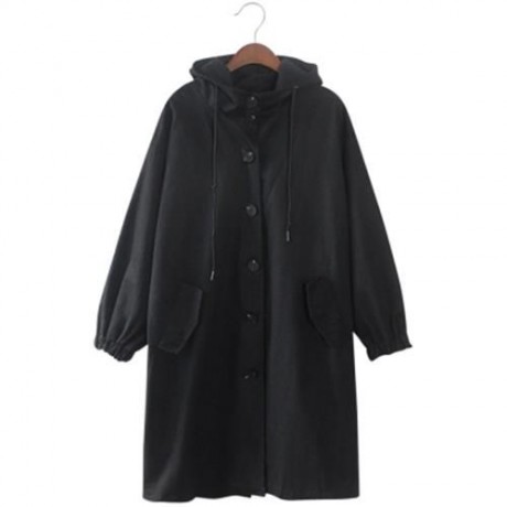 CASUAL HOODED LONG SLEEVE POCKET WOMEN TRENCH COAT (BLACK)