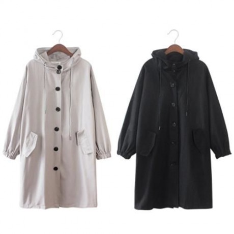 CASUAL HOODED LONG SLEEVE POCKET WOMEN TRENCH COAT (BLACK)