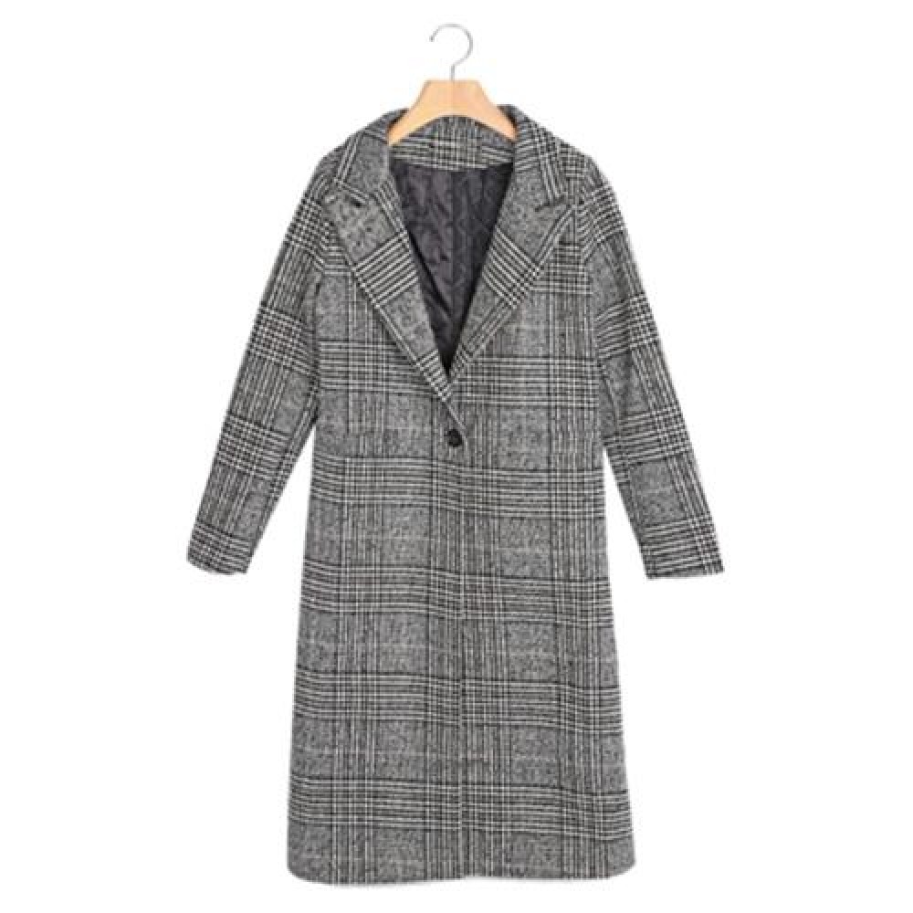 TRENDY LAPEL LONG SLEEVE HOUNDSTOOTH WOMEN OVERCOAT (GRAY)
