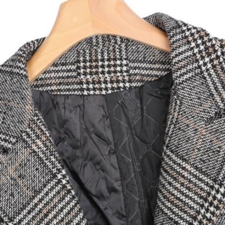 TRENDY LAPEL LONG SLEEVE HOUNDSTOOTH WOMEN OVERCOAT (GRAY)
