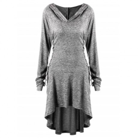 PLUS SIZE LACE UP DIP HEM HOODIE (HEATHER GRAY)