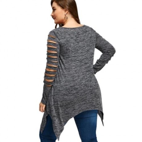 PLUS SIZE MARLED RIPPED SLEEVE HANDKERCHIEF TOP (GRAY)