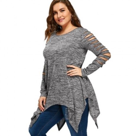 PLUS SIZE MARLED RIPPED SLEEVE HANDKERCHIEF TOP (HEATHER GRAY)