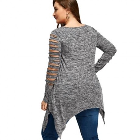 PLUS SIZE MARLED RIPPED SLEEVE HANDKERCHIEF TOP (HEATHER GRAY)