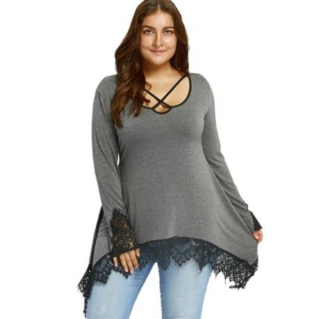 PLUS SIZE LACE TRIM TUNIC SHARKBITE T-SHIRT (BLACK)