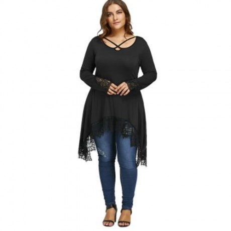 PLUS SIZE LACE TRIM TUNIC SHARKBITE T-SHIRT (BLACK)