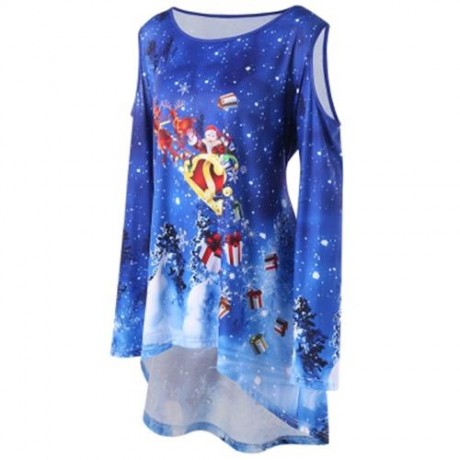 CHRISTMAS PLUS SIZE COLD SHOULDER DIP HEM TOP (BLUE)