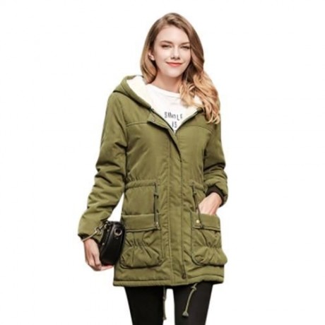 TRENDY HOODED COLLAR LONG SLEEVE FLEECE PARKA WOMEN COAT (ARMY GREEN)