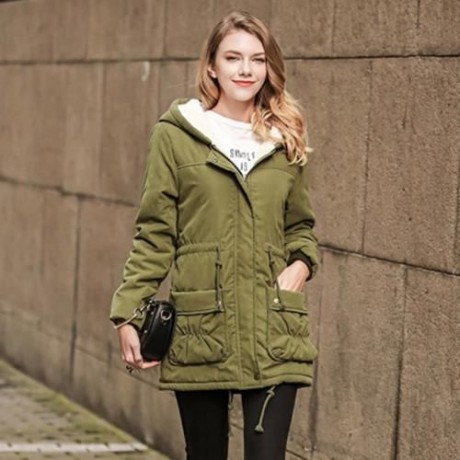 TRENDY HOODED COLLAR LONG SLEEVE FLEECE PARKA WOMEN COAT (ARMY GREEN)