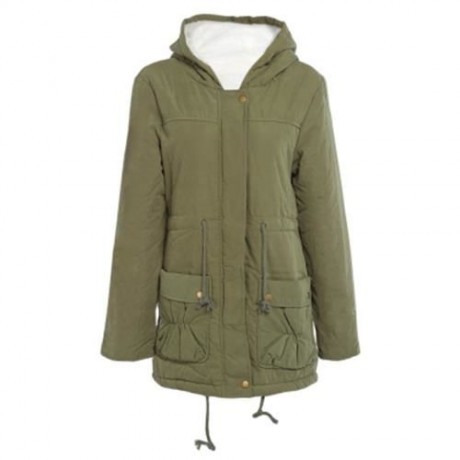 TRENDY HOODED COLLAR LONG SLEEVE FLEECE PARKA WOMEN COAT (ARMY GREEN)