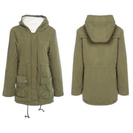 TRENDY HOODED COLLAR LONG SLEEVE FLEECE PARKA WOMEN COAT (ARMY GREEN)