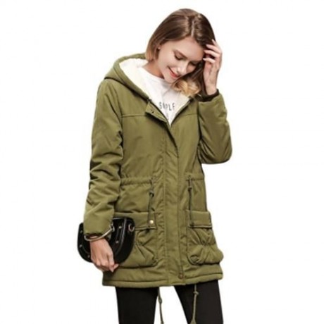 TRENDY HOODED COLLAR LONG SLEEVE FLEECE PARKA WOMEN COAT (ARMY GREEN)