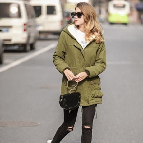 TRENDY HOODED COLLAR LONG SLEEVE FLEECE PARKA WOMEN COAT (ARMY GREEN)