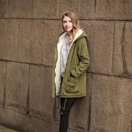 TRENDY HOODED COLLAR LONG SLEEVE FLEECE PARKA WOMEN COAT (ARMY GREEN)