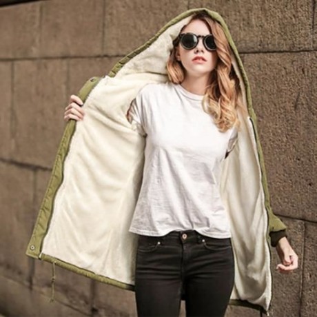 TRENDY HOODED COLLAR LONG SLEEVE FLEECE PARKA WOMEN COAT (ARMY GREEN)