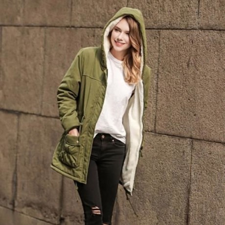 TRENDY HOODED COLLAR LONG SLEEVE FLEECE PARKA WOMEN COAT (ARMY GREEN)