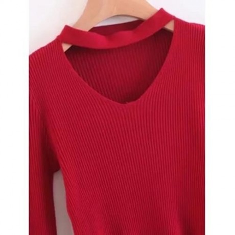 CHOKER FLARE SLEEVE FAUX PEARL SWEATER (RED)