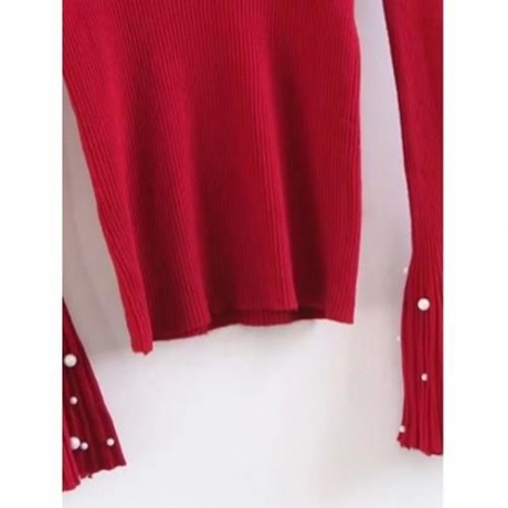 CHOKER FLARE SLEEVE FAUX PEARL SWEATER (RED)