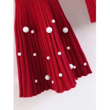 CHOKER FLARE SLEEVE FAUX PEARL SWEATER (RED)