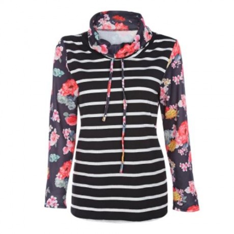 STYLISH HOODED LONG SLEEVE STRIPED PRINT WOMEN HOODIE (FLORAL)