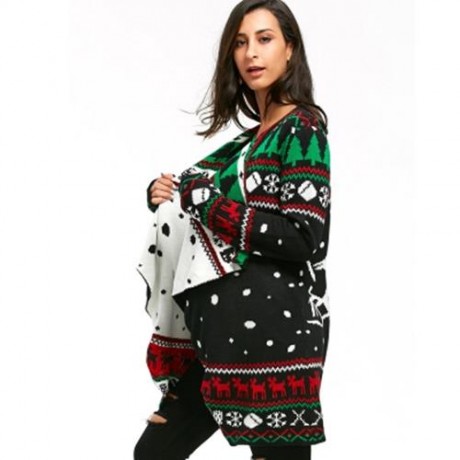 CHRISTMAS GRAPHIC TUNIC KNITTED DRAPED CARDIGAN (BLACK)