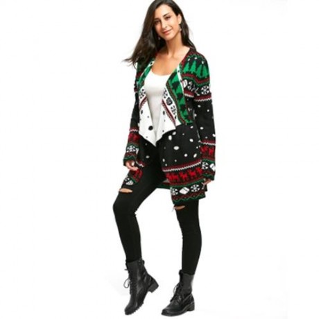 CHRISTMAS GRAPHIC TUNIC KNITTED DRAPED CARDIGAN (BLACK)