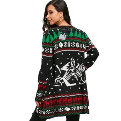 CHRISTMAS GRAPHIC TUNIC KNITTED DRAPED CARDIGAN (BLACK)