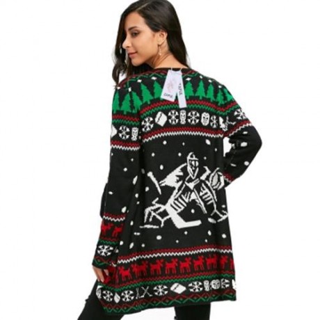CHRISTMAS GRAPHIC TUNIC KNITTED DRAPED CARDIGAN (BLACK)