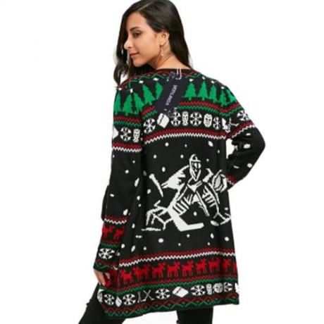 CHRISTMAS GRAPHIC TUNIC KNITTED DRAPED CARDIGAN (BLACK)