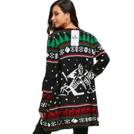 CHRISTMAS GRAPHIC TUNIC KNITTED DRAPED CARDIGAN (BLACK)